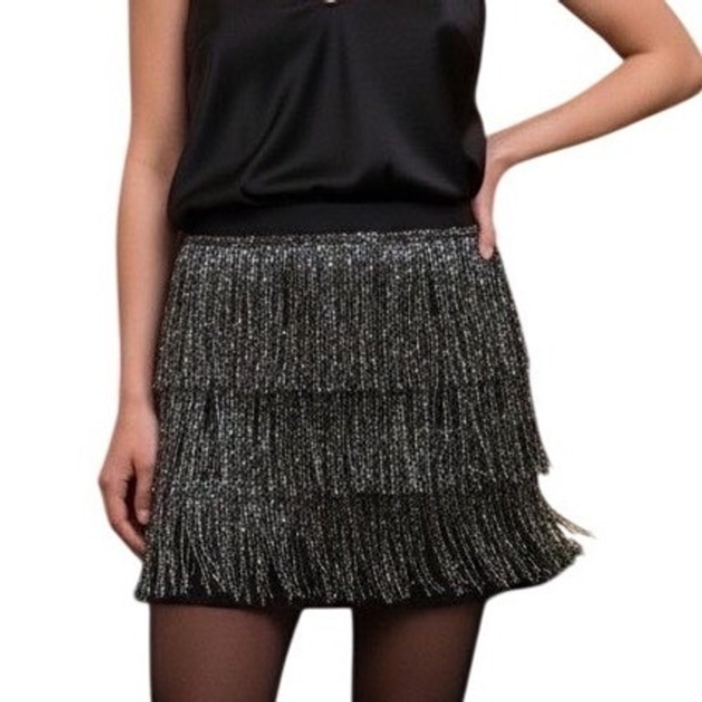 White Fox Tiered Fringe Mini Skirt Y2K Black Sparkly Party Festival Glamorous L